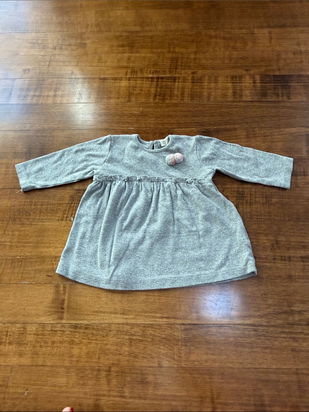 Zara Girls Long-Sleeve Heather Gray Knit Dress Top with Pink and Gray Pom Poms